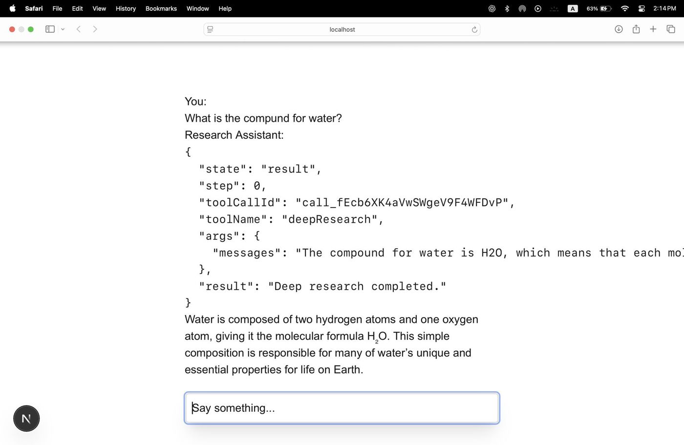 Screenshot of the AI Research Assistant answering a chemistry question with structured tool-call output